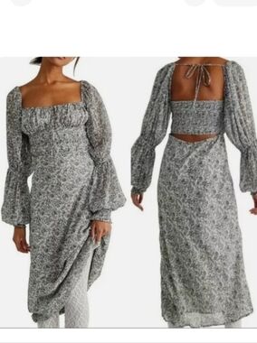 Smocked Neck Long Sleeve Floral Free People Midi Dress in Black and White